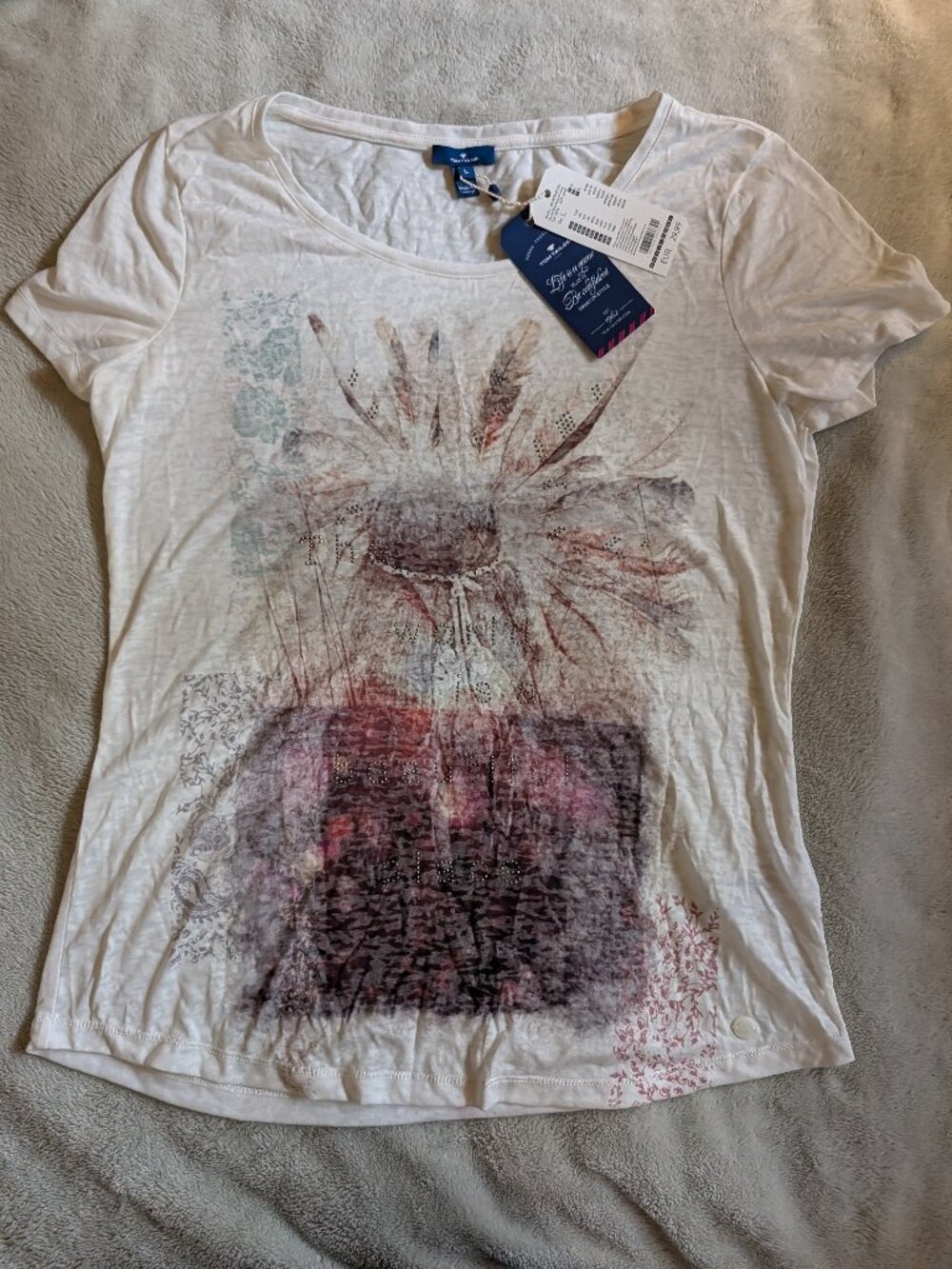 WOMEN'S NEW TOM TAILOR TOP L Large T Tee The World is Beautiful White